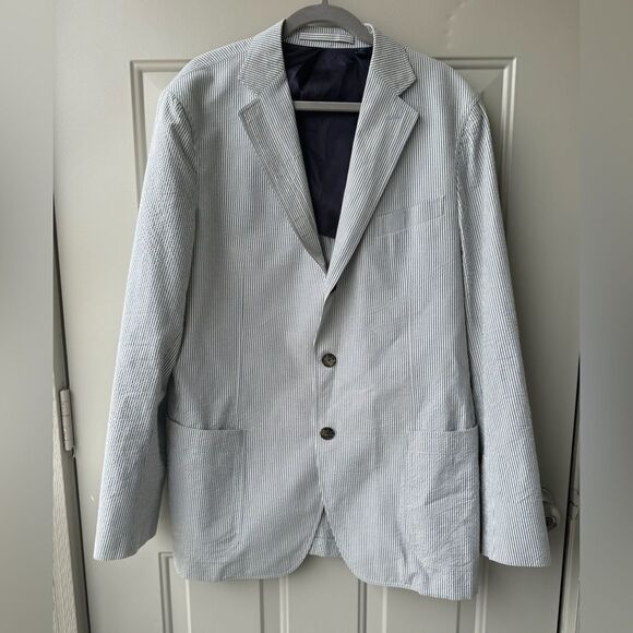 Faconnable Blue White Striped Seersucker Cotton Sport Coat Blazer 56L Preppy - Picture 1 of 12